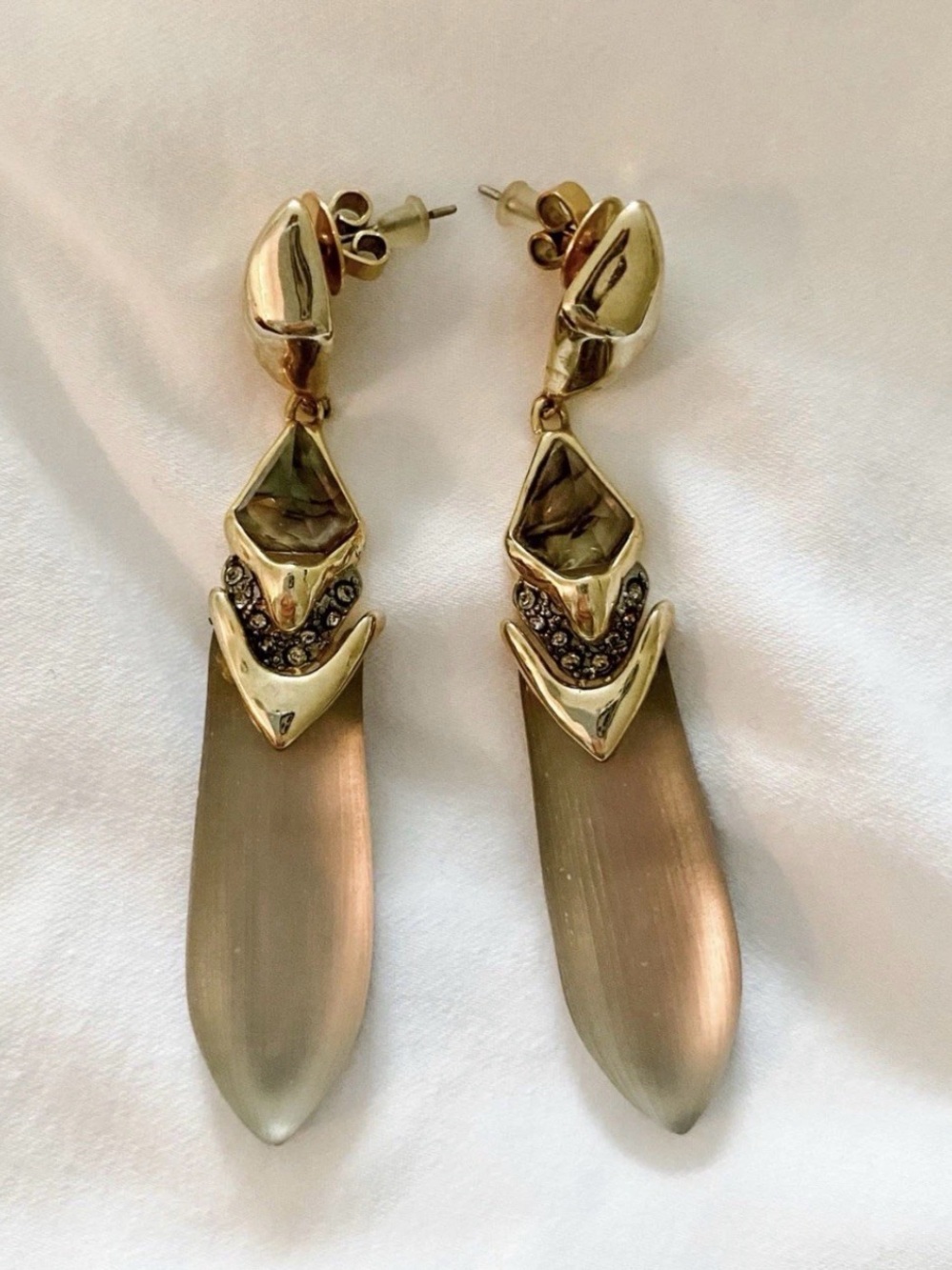 Authentic Signed Alexis Bittar Sculptural Lucite & Crystal Long Drop Earrings